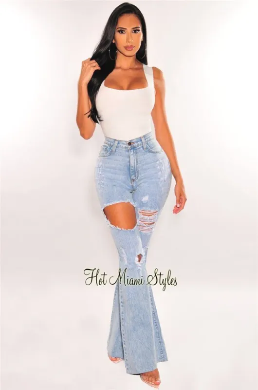 Light Denim High Waist Ripped Bell Bottoms Flare Jeans sold by Hot Miami Styles