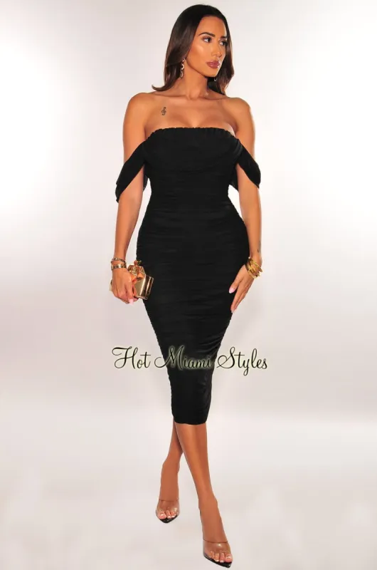 Black Off Shoulder Ruched Dress sold by Hot Miami Styles