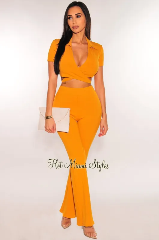 Honey Ribbed Collared Wrap Crop Top Palazzo Pants Two Piece Set sold by Hot Miami Styles