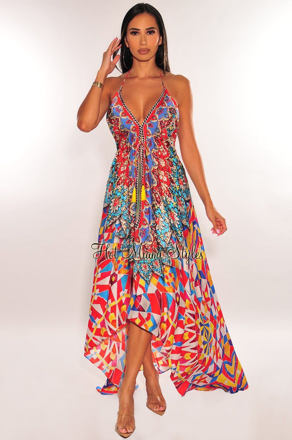 Red Multicolor Halter Rhinestone Drawstring Maxi Dress sold by Hot Miami Styles