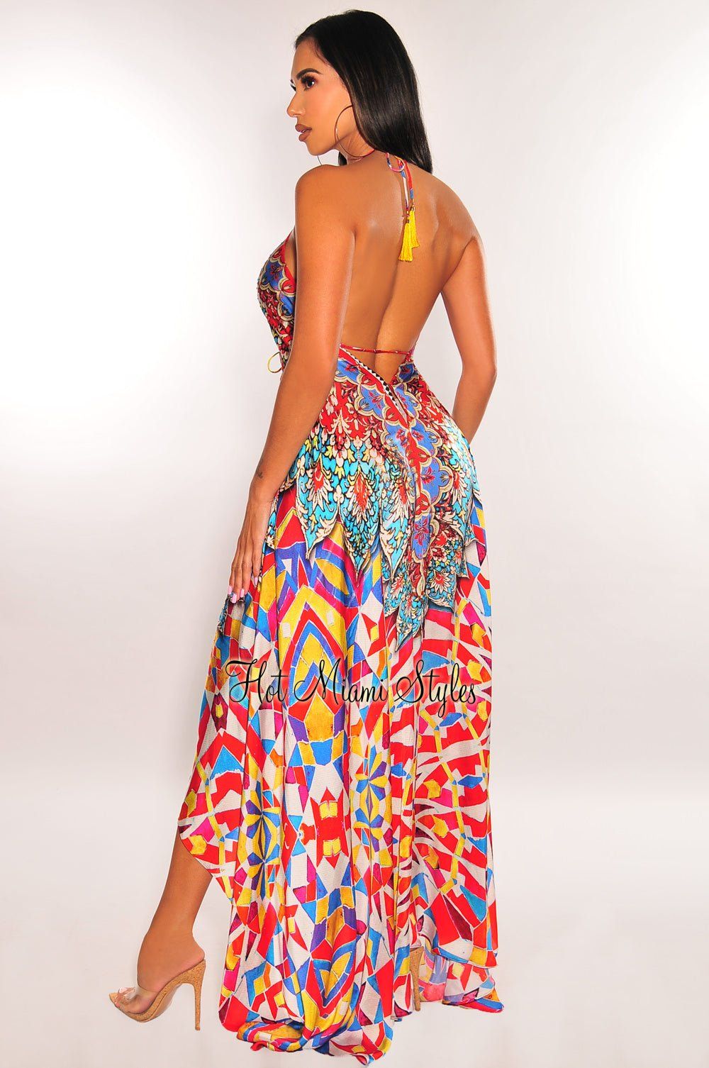 Red Multicolor Halter Rhinestone Drawstring Maxi Dress sold by Hot Miami Styles product image thumbnail 2