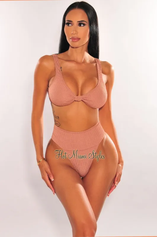 Mocha Textured Knotted High Rise Bikini Top sold by Hot Miami Styles