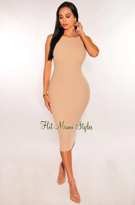 Mocha Ribbed Knit Racerback Cut Out Bodycon Dress sold by Hot Miami Styles
