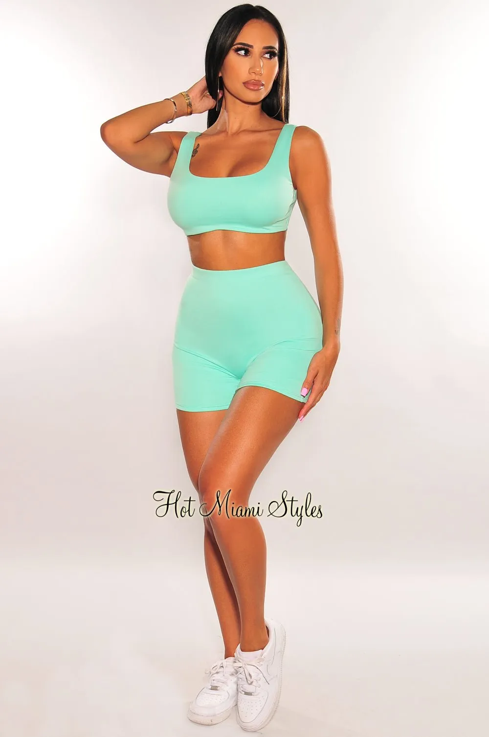 HMS Essential: Mint Crop Top Biker Shorts Two Piece Set sold by Hot Miami Styles product image thumbnail 3