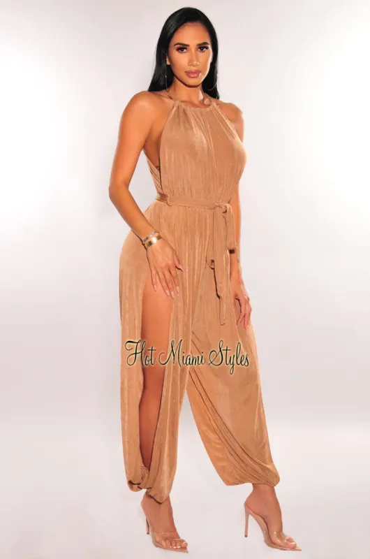 Mocha Shimmery Slit Hem Belted Harem Jumpsuit sold by Hot Miami Styles