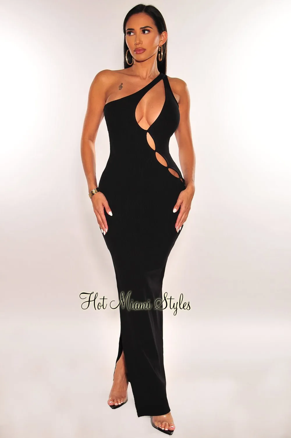 Black Ribbed One Shoulder Cut Out Slit Dress sold by Hot Miami Styles