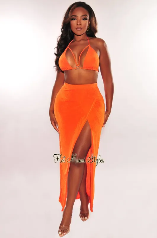 Tangerine Gold Ring Triangle Top Slit Skirt Two Piece Set sold by Hot Miami Styles