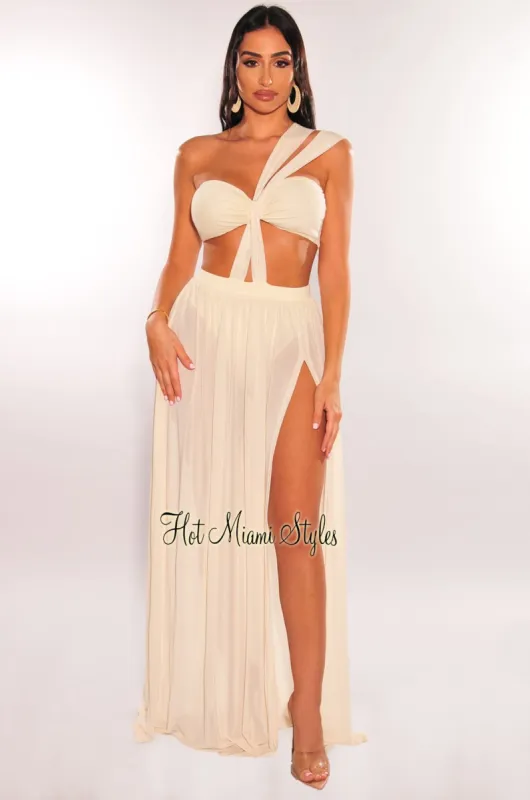 Cream One Shoulder Cut Out Strappy Slit Maxi Dress sold by Hot Miami Styles