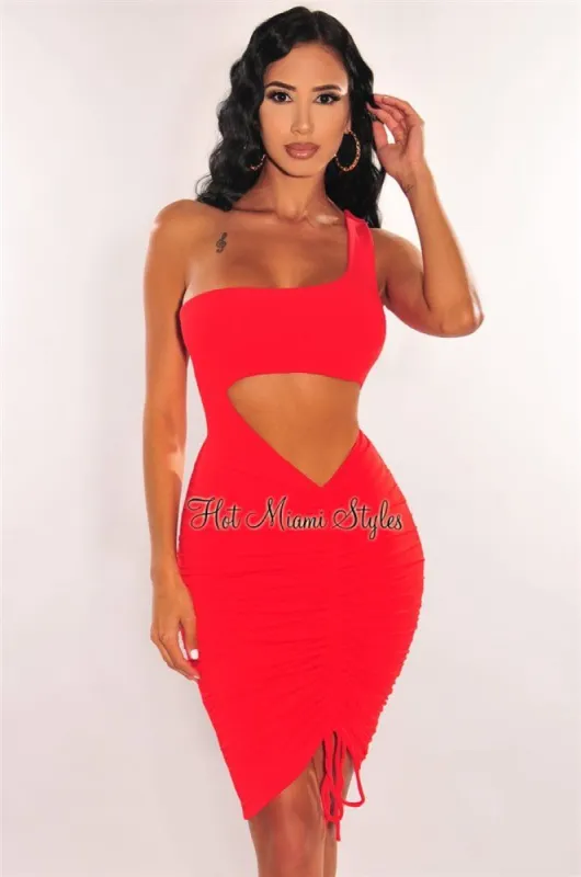 Red One Shoulder Cut Out Ruched Dress sold by Hot Miami Styles