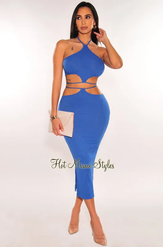 Royal Blue Ribbed Halter Cut Out Tie Up Skirt Two Piece Set sold by Hot Miami Styles