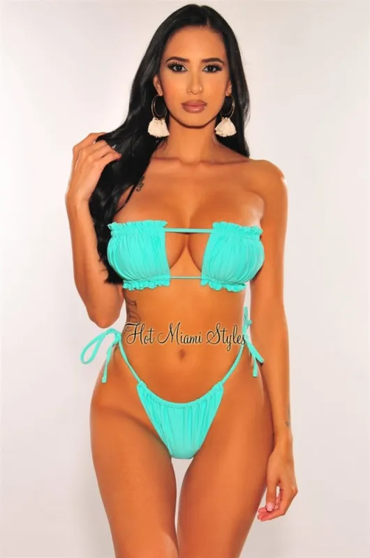 Mint Ruched Bust Frill Padded Bandeau Bikini sold by Hot Miami Styles