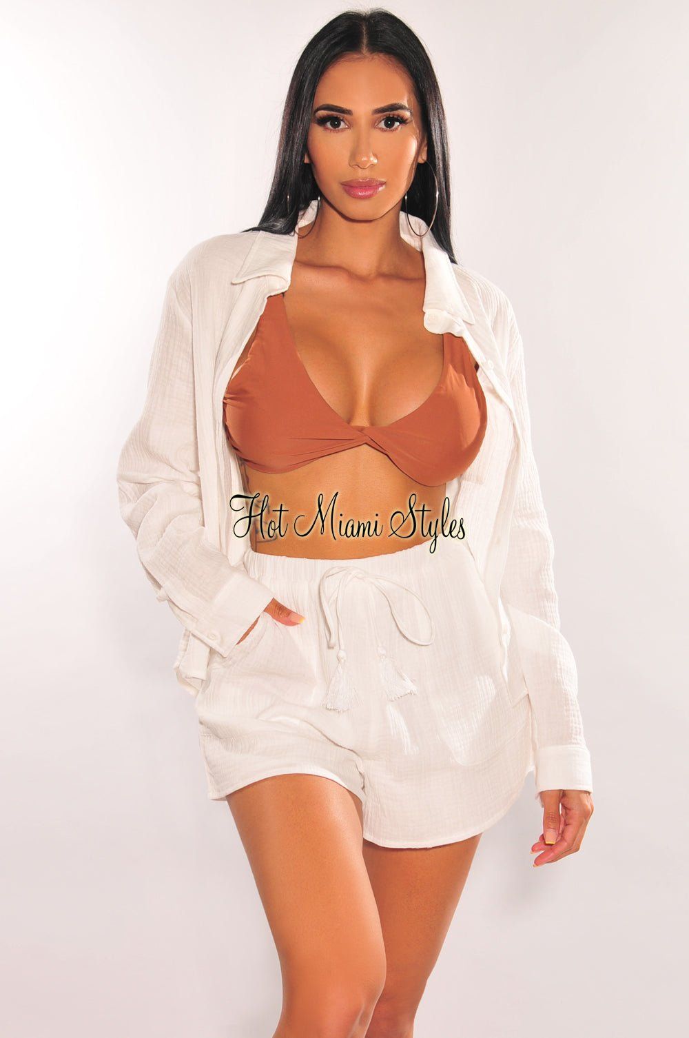 White Collared Button Up Long Sleeve Pocket Shirt sold by Hot Miami Styles