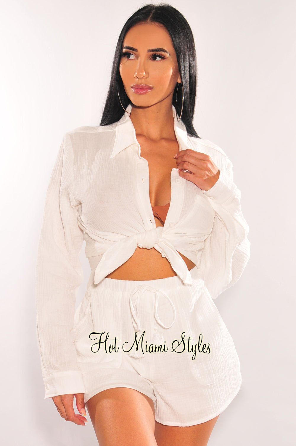 White Collared Button Up Long Sleeve Pocket Shirt sold by Hot Miami Styles product image thumbnail 2