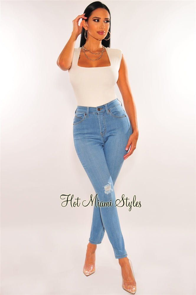 Light Denim Distressed Knee High Waist Skinny Jeans sold by Hot Miami Styles