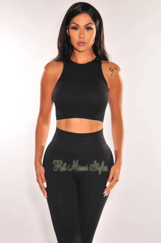 HMS ESSENTIAL: Black Ribbed Seamless Sleeveless Crop Top sold by Hot Miami Styles