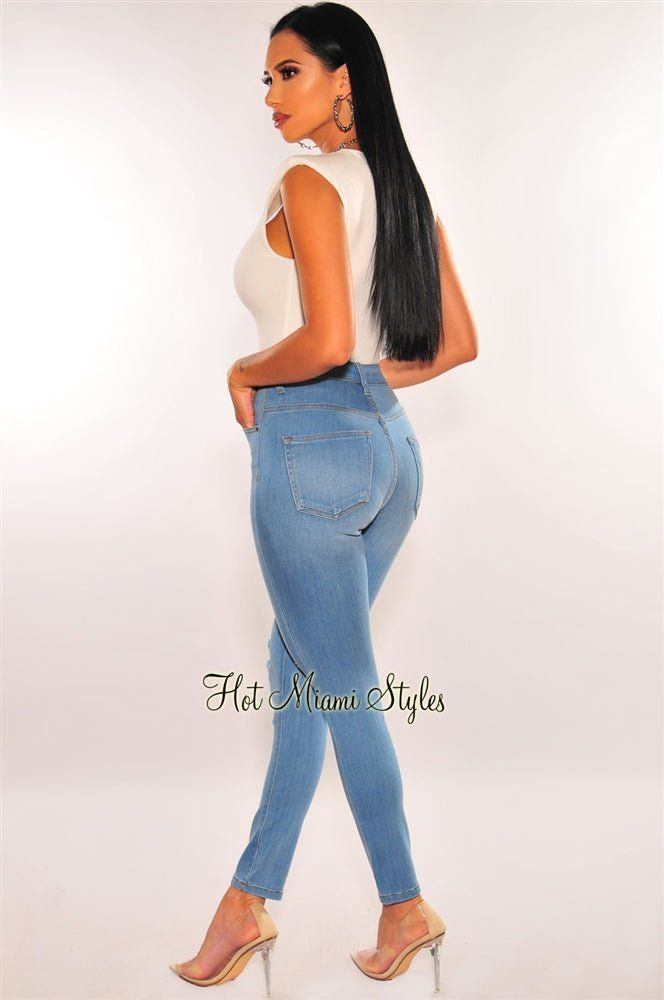 Light Denim Distressed Knee High Waist Skinny Jeans sold by Hot Miami Styles product image thumbnail 2