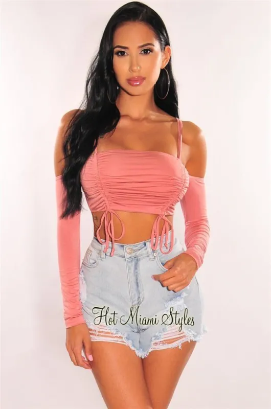 Rose Double Straps Off Shoulder Ruched Crop Top sold by Hot Miami Styles