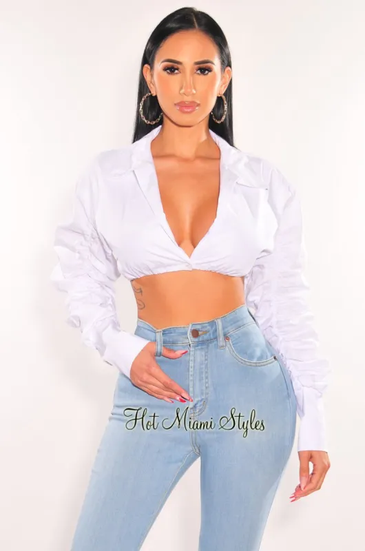 White Collared Ruched Long Sleeve Crop Top sold by Hot Miami Styles
