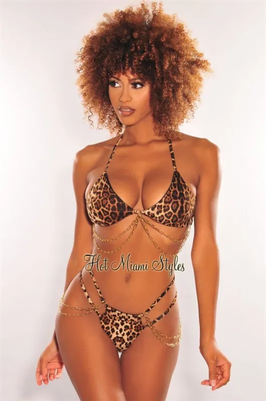 Leopard Print Gold Chain Padded High Cut Thong Bikini sold by Hot Miami Styles