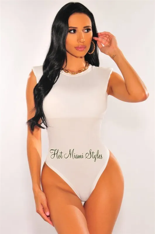 White Silky Padded Shoulder Bodysuit sold by Hot Miami Styles
