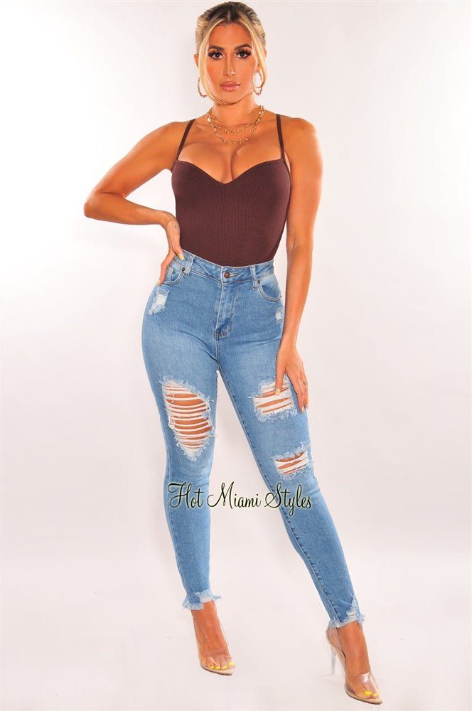 Blue Denim High Waist Destroyed Ripped Frayed Hem Skinny Jeans sold by Hot Miami Styles