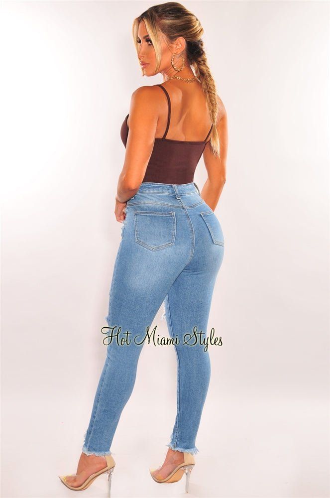 Blue Denim High Waist Destroyed Ripped Frayed Hem Skinny Jeans sold by Hot Miami Styles product image thumbnail 2