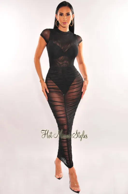 Black Sheer Mesh Short Sleeve Bodysuit Ruched Skirt Two Piece Set sold by Hot Miami Styles