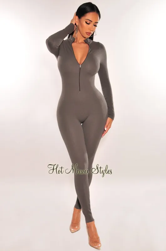 Gray Ribbed Mock Neck Long Sleeve Zipper Jumpsuit sold by Hot Miami Styles
