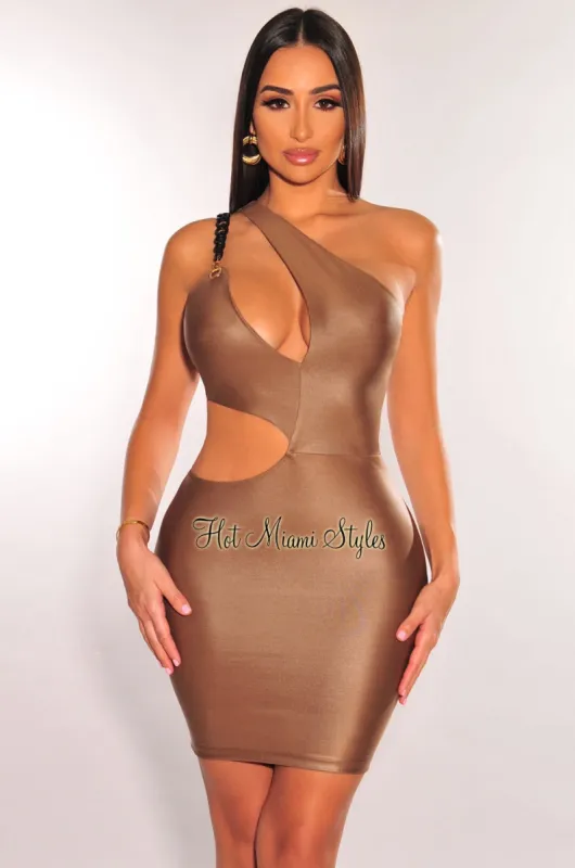 Latte Faux Leather Black Chain One Shoulder Cut Out Mini Dress sold by Hot Miami Styles