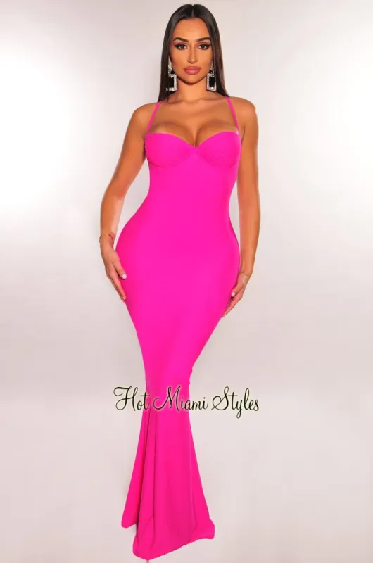 Hot Pink Underwire Spaghetti Strap Criss Cross Back Mermaid Gown sold by Hot Miami Styles