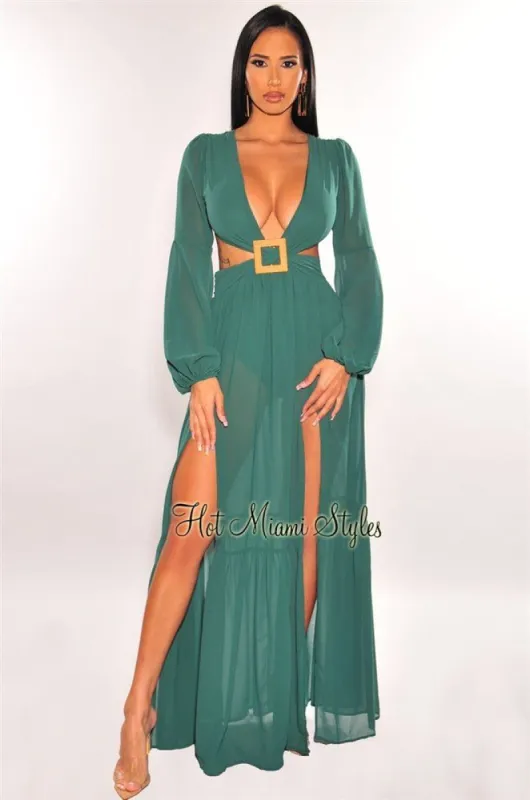 Emerald Mesh V Neck Cut Out Long Sleeves Double Slit Maxi Dress sold by Hot Miami Styles