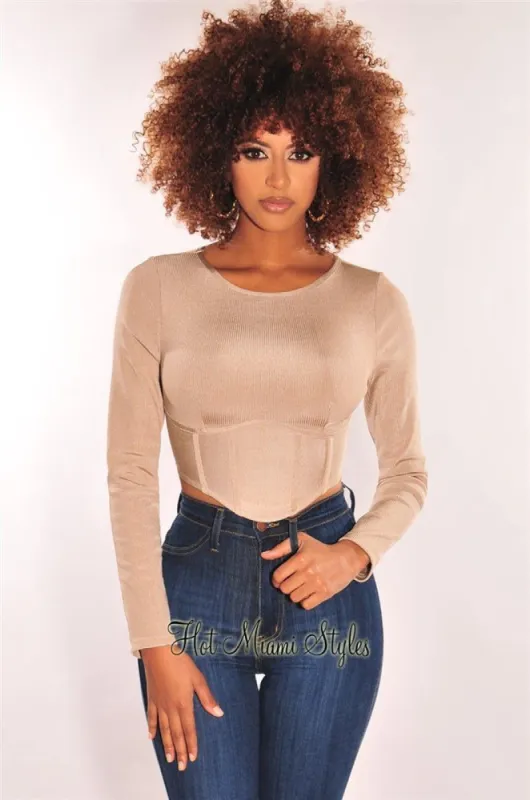 Nude Ribbed Bandage Boned Curved Hem Crop Top sold by Hot Miami Styles