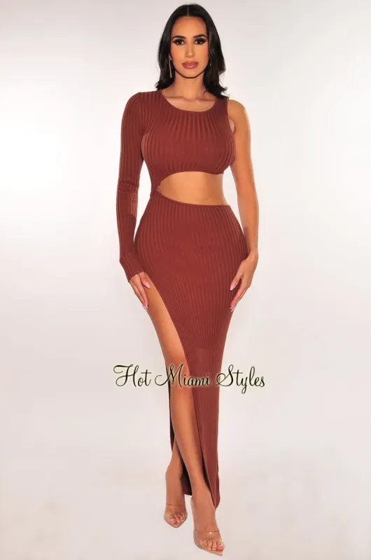 Chocolate Ribbed Knit One Sleeve Cut Out Slit Maxi Dress sold by Hot Miami Styles