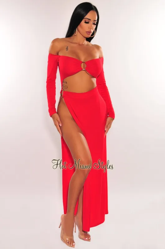 Red Off Shoulder O-Ring Cut Out Long Sleeves Slit Maxi Dress sold by Hot Miami Styles