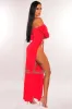 Red Off Shoulder O-Ring Cut Out Long Sleeves Slit Maxi Dress sold by Hot Miami Styles