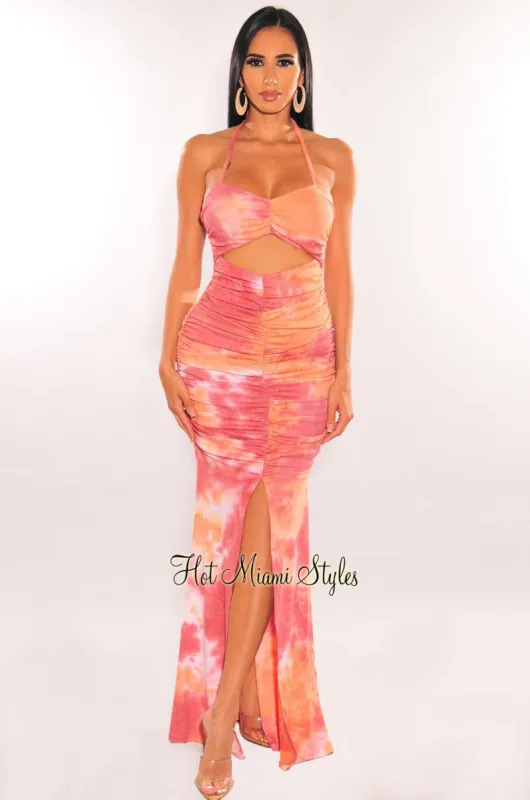 Peach Tie Dye Halter Cut Out Ruched Slit Maxi Dress sold by Hot Miami Styles
