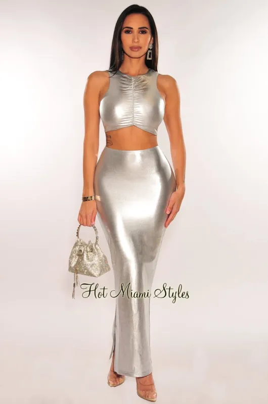 Silver Metallic Ruched Sleeveless Double Slit Skirt Two Piece Set sold by Hot Miami Styles