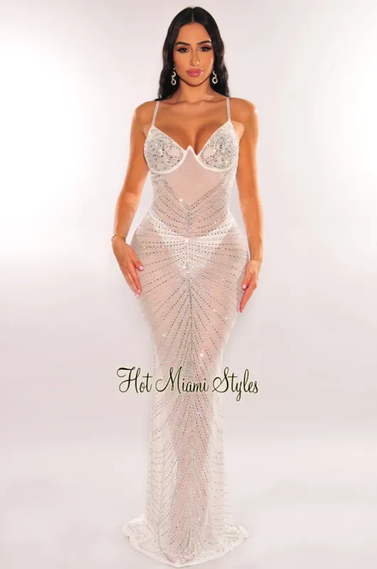 White Mesh Rhinestone Underwire Mermaid Gown sold by Hot Miami Styles