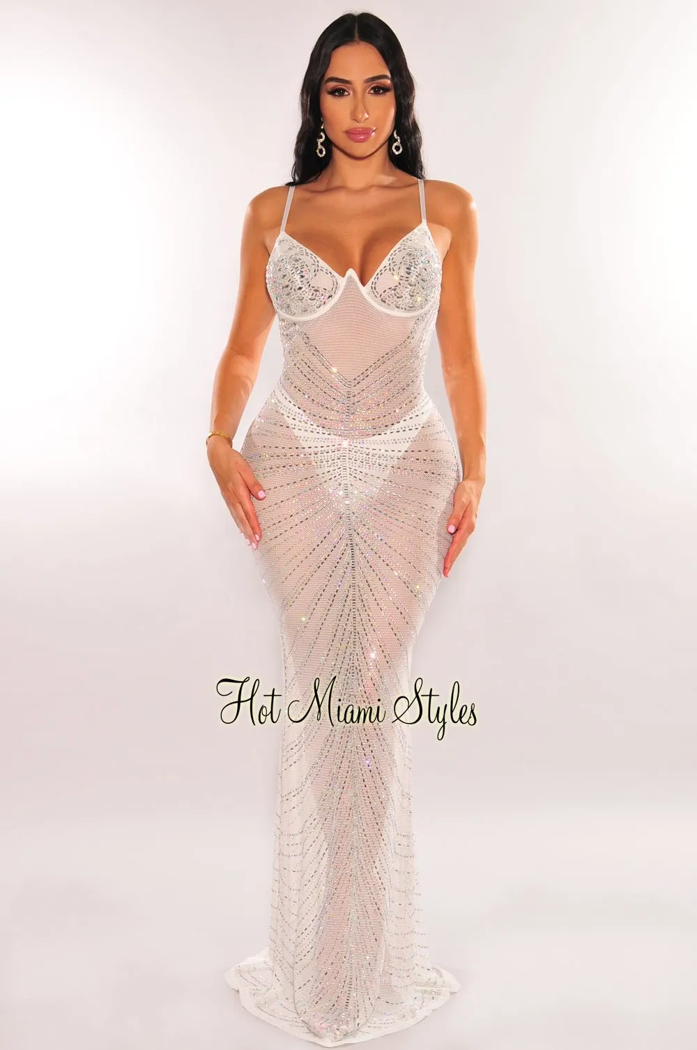 White Mesh Rhinestone Underwire Mermaid Gown sold by Hot Miami Styles