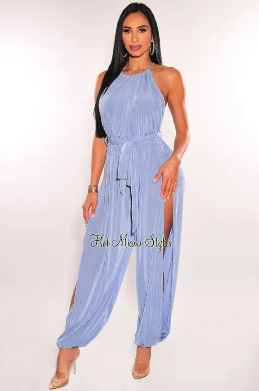 Periwinkle Shimmery Slit Hem Belted Harem Jumpsuit sold by Hot Miami Styles