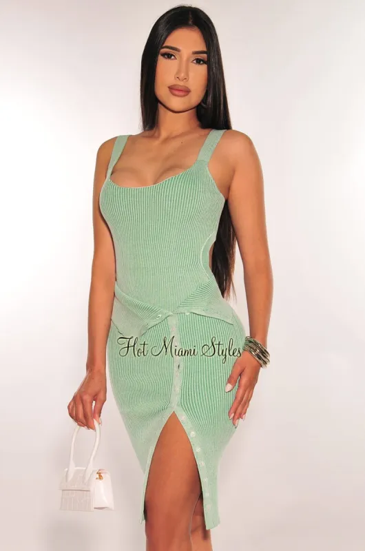 Dusty Sage Ribbed Cut Out Bodysuit Layover Button Up Skirt Two Piece Set sold by Hot Miami Styles