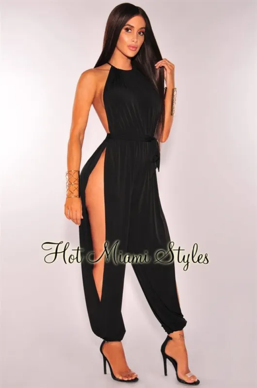 Black Slit Leg Harem Jumpsuit sold by Hot Miami Styles