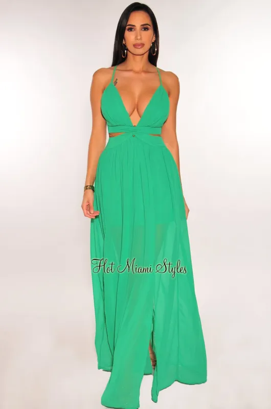 Kelly Green Ring Cut Out Crisscross Back Double Slit Maxi Dress sold by Hot Miami Styles