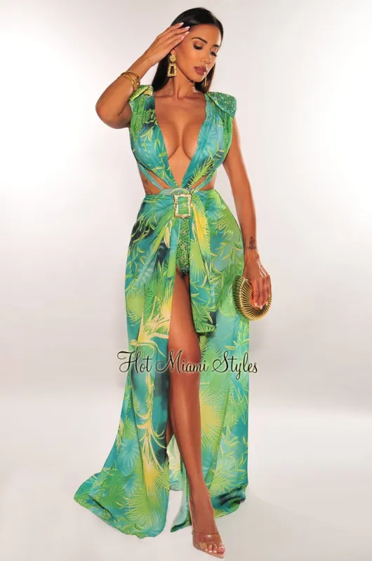 Green Tropical Print Plunge Studded Maxi Skirt Two Piece Set sold by Hot Miami Styles