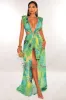 Green Tropical Print Plunge Studded Maxi Skirt Two Piece Set sold by Hot Miami Styles