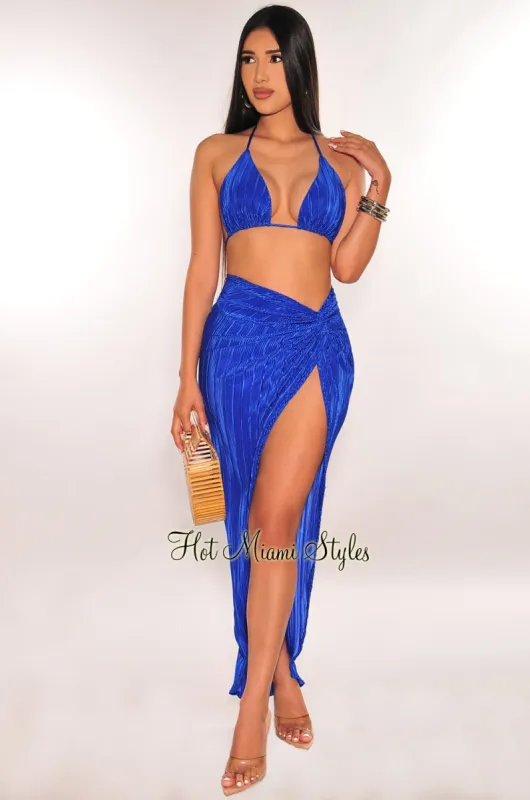 Royal Blue Ribbed Pleated Halter Triangle Top Knotted Slit Skirt Two Piece Set sold by Hot Miami Styles