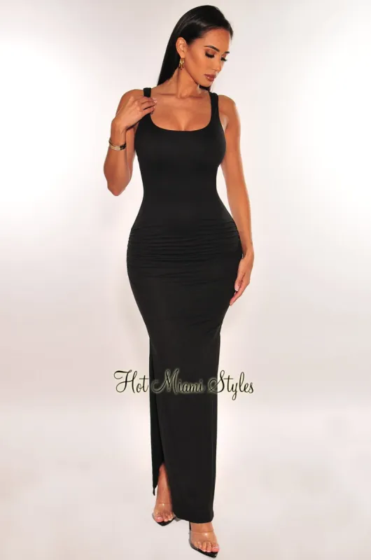 Black Ruched Sides Slit Maxi Dress sold by Hot Miami Styles