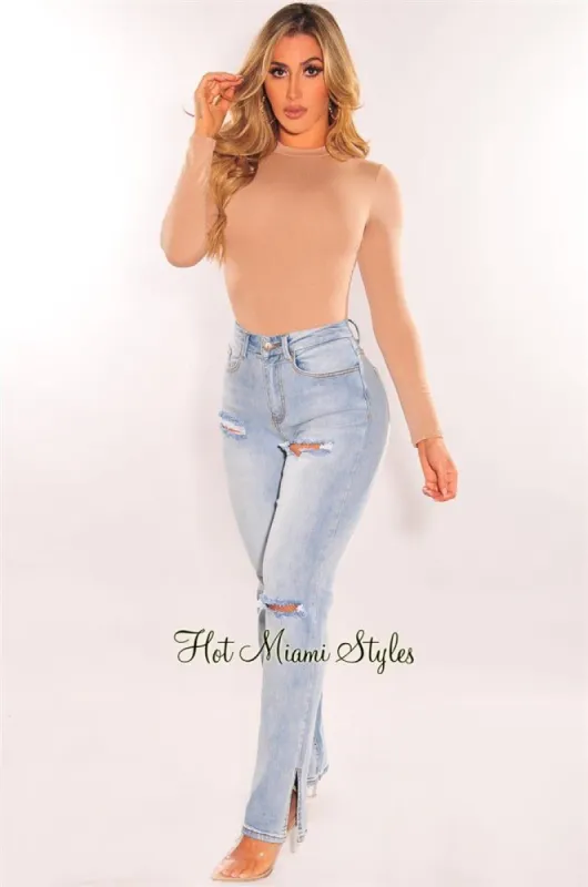 Light Denim High Waist Ripped Leg Slit Hem Jeans sold by Hot Miami Styles