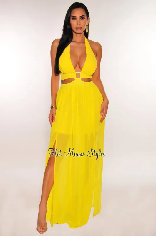 Yellow Halter Buckle Cut Out Double Slit Maxi Dress sold by Hot Miami Styles