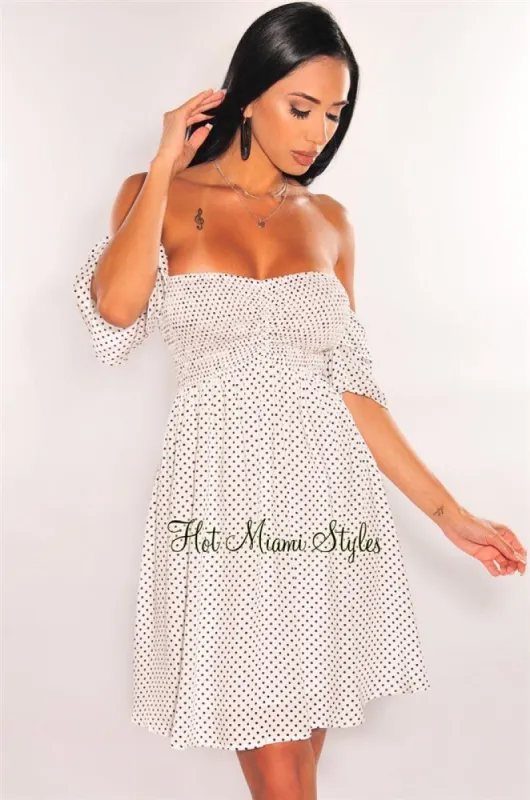 White Polka Dot Off Shoulder Smocked Baby Doll Dress sold by Hot Miami Styles